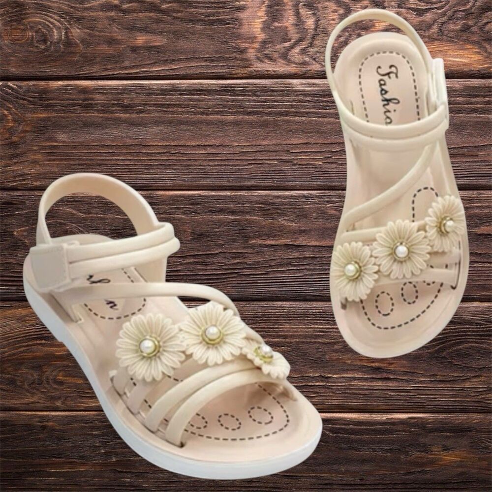 Girls PVC Sandals Size 12 Beige Floral Pearl Non-Slip Summer Shoes Hook & Loop - Picture 6 of 16